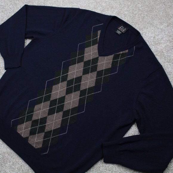 Jos A Bank Signature Series Sweater Vest Men Large Blue/Tan Argyle Merino Wool - Picture 3 of 10